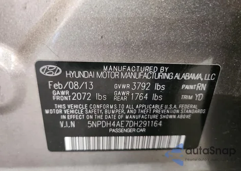 2013 Hyundai Elantra Gls from USA, damaged, VIN 5NPDH4AE7DH291164